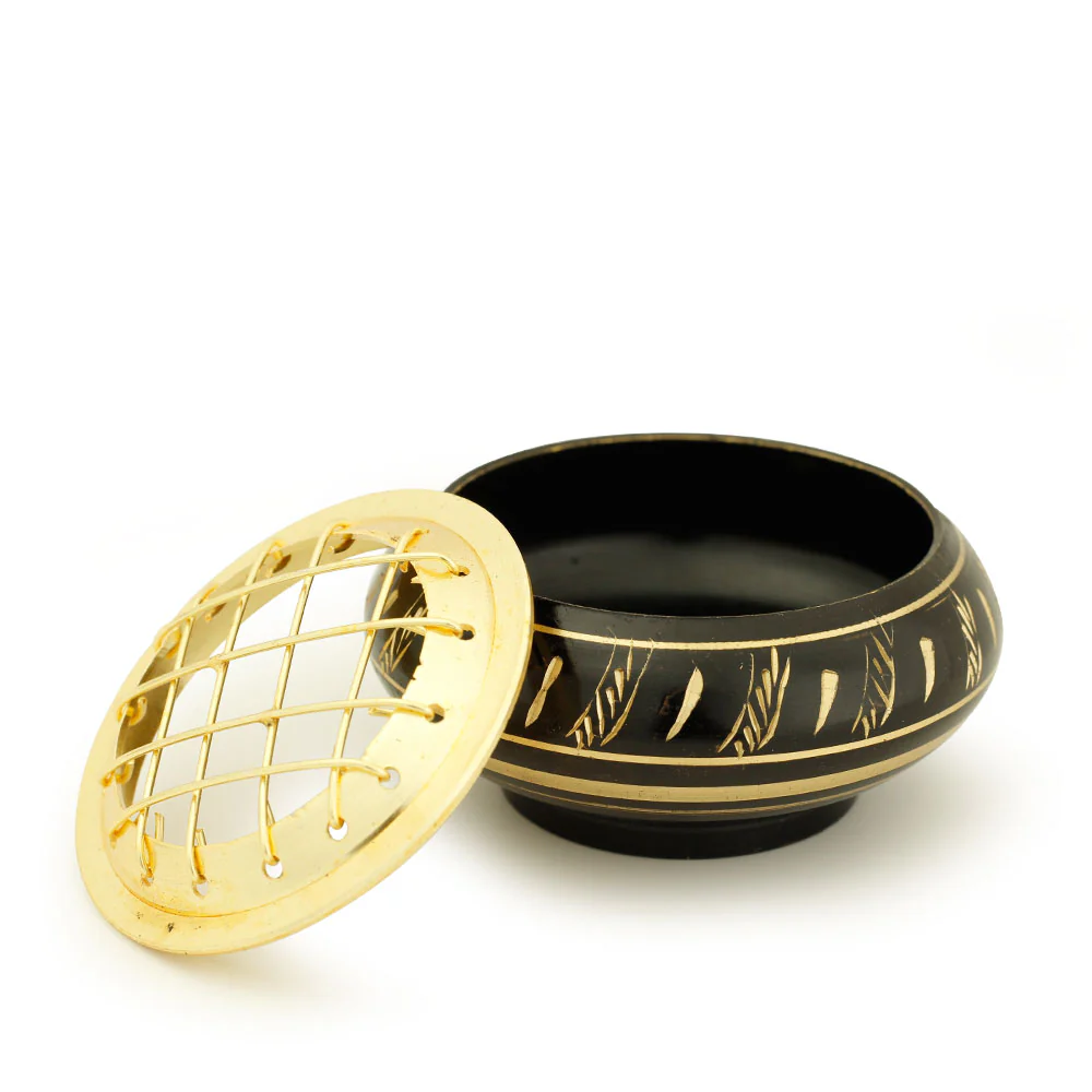 Burner - Black Brass Burner, Low Base, Feather Engraving, Net Top 1.25"Hx2.25"D - Image 3