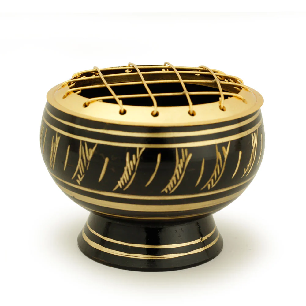 Burner - Black Brass Burner, Medium Base, Feather Engraving, Net Top 2"Hx2.5"D - Image 2