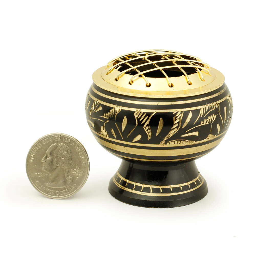 Burner - Black Brass Burner, Medium Base, Fern Engraving, Net Top 2"Hx2"D - Image 3
