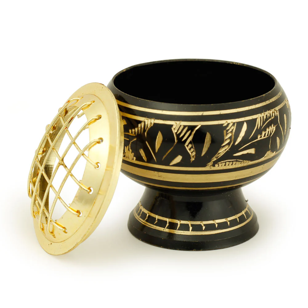 Burner - Black Brass Burner, Medium Base, Fern Engraving, Net Top 2"Hx2"D - Image 4