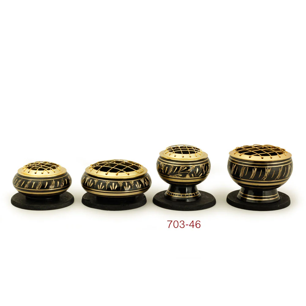Burner - Black Brass Burner, Medium Base, Fern Engraving, Net Top 2"Hx2"D - Image 5