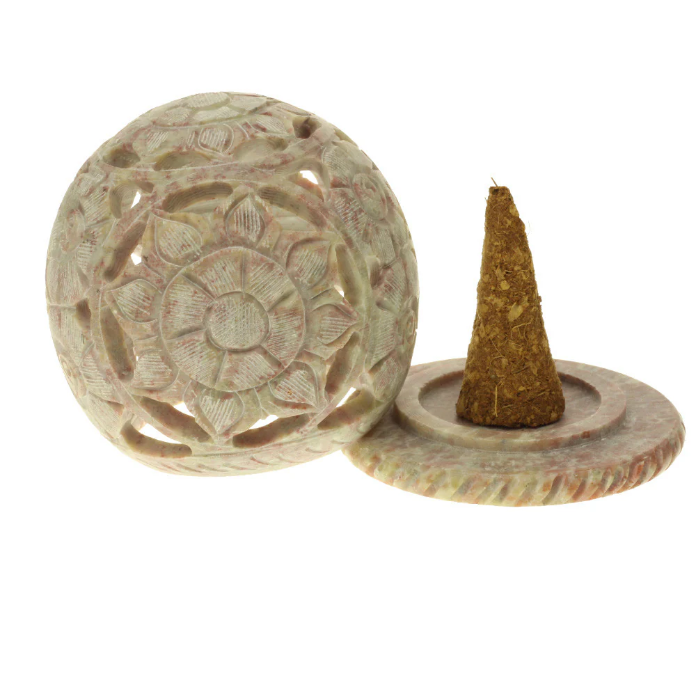 Burner for Cones and Candle Holder - Soapstone Carved Tea-Light Ball - Flowers 3 inches - Image 5