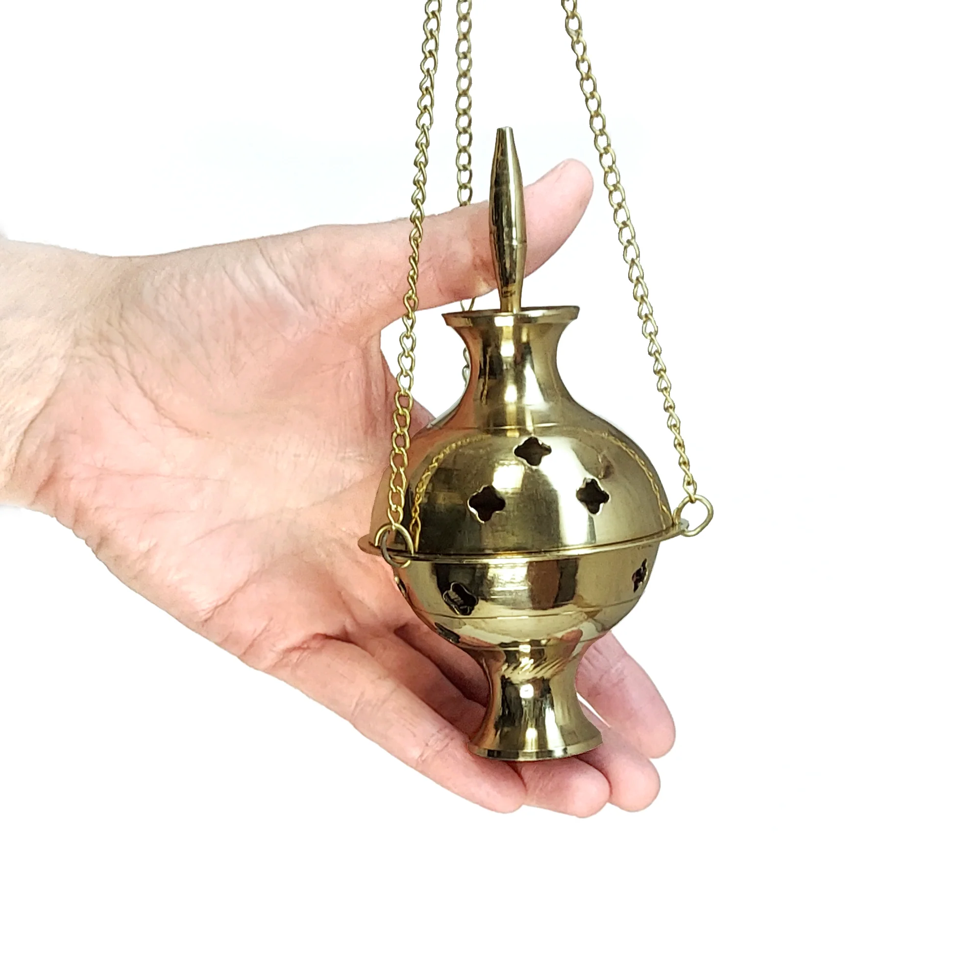 Burner - Hanging Brass Burner, Quatrefoil Jali 5"Hx2.75"D - Image 4