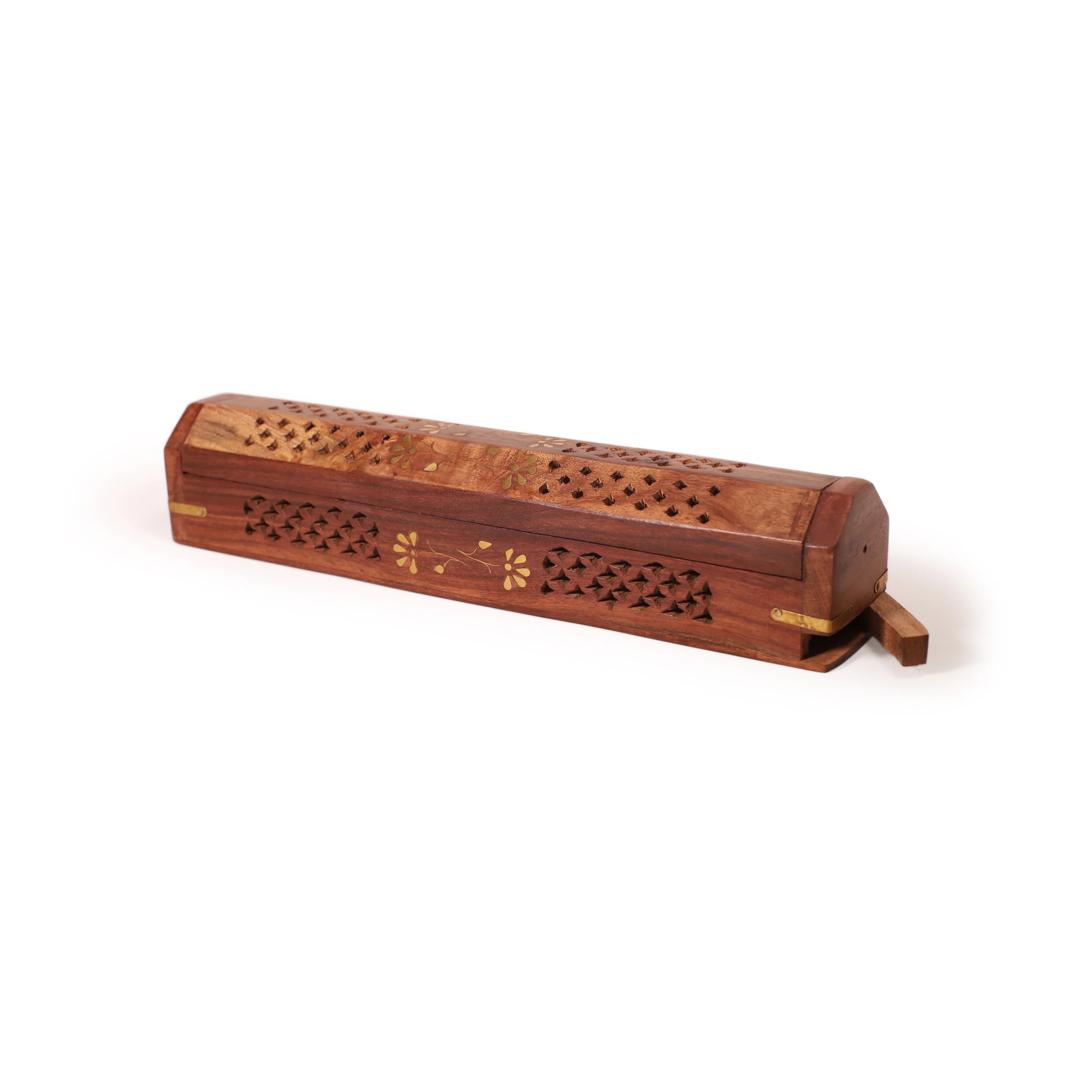 Incense Burner - Wooden Box with Storage - 5 Panel Jali & Flowers - Image 6