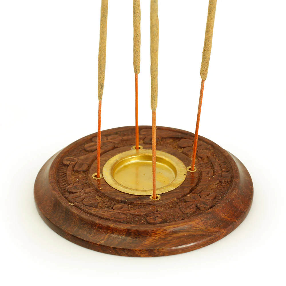 Incense Burner - Wooden Round Plate Flowers - 4 inches - Image 3