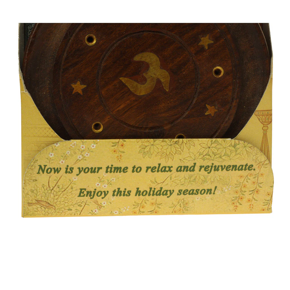 Incense Gift Set - Wood Round Burner + 3 Harmony Incense Sticks & Holiday Greeting (Madhumadhavi, Sehuti, Padmanjari) - Image 3