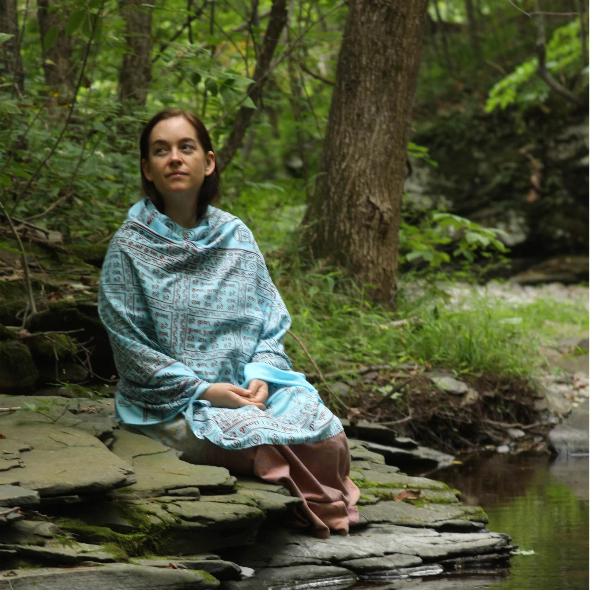Meditation Yoga Prayer Shawl - Maha Mantra - Turquoise Large - Image 4