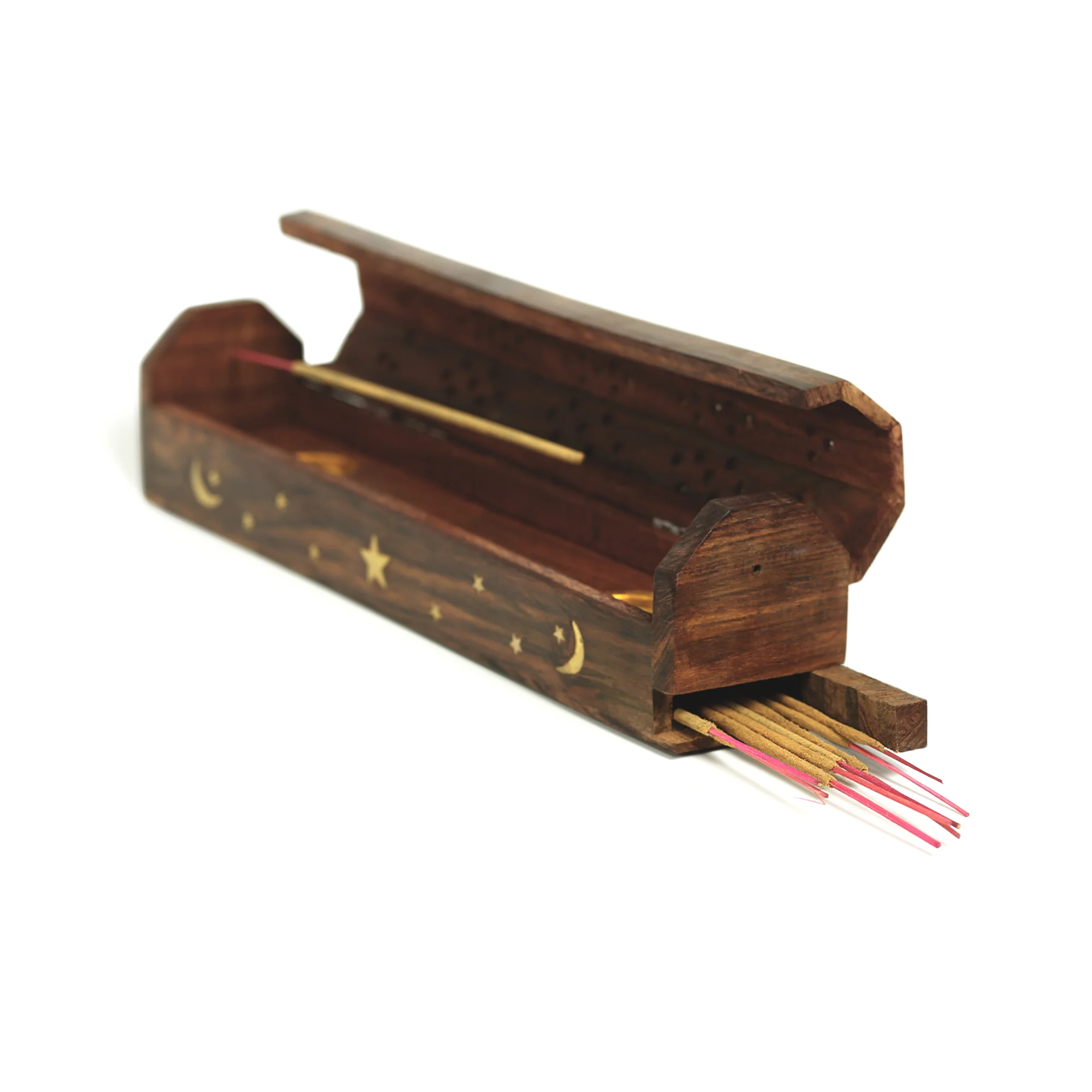 Incense Burner - Wooden Box with Storage - Moon and Star - Image 4